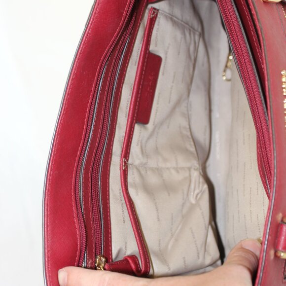 Michael Kors Cherry Red Jet Set Large Leather Tote Bag Purse - Picture 12 of 13